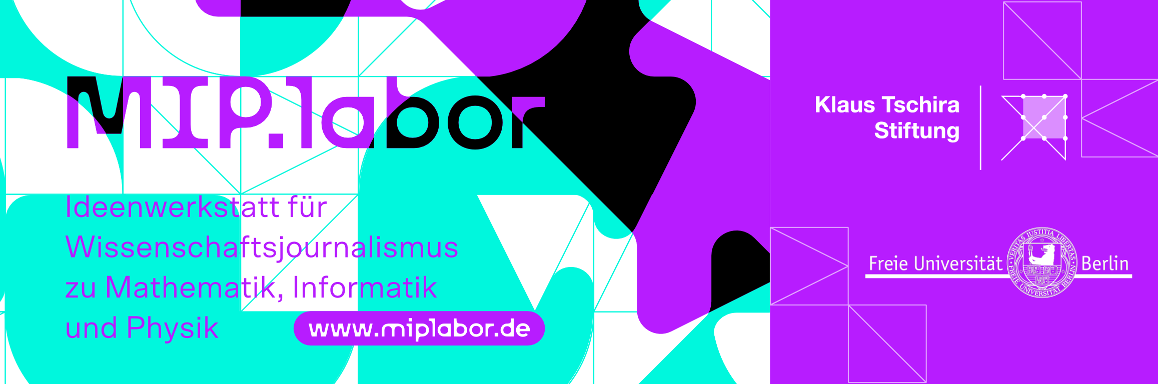 Graphic for MIP.labor, an idea lab for science journalism in mathematics, computer science and physics, featuring logos of Klaus Tschira Stiftung and Freie Universität Berlin