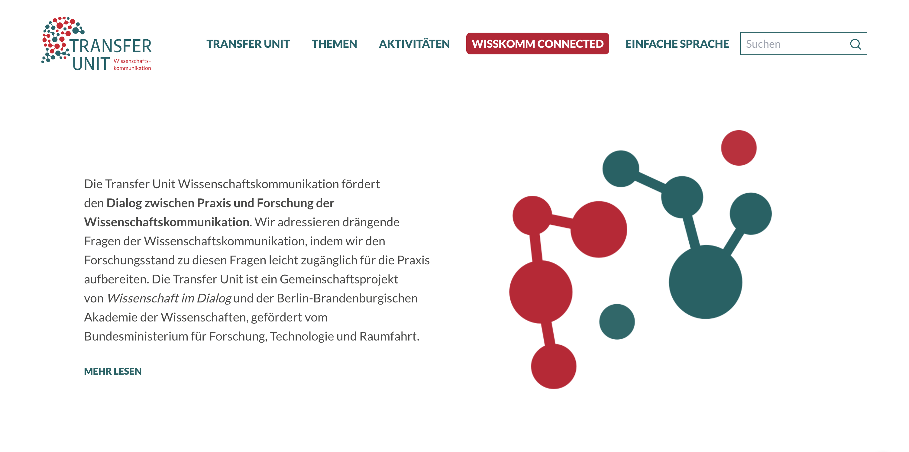 Homepage screenshot of the Transfer Unit Wissenschaftskommunikation website featuring a clean layout, intuitive navigation, and structured access to science communication research content.